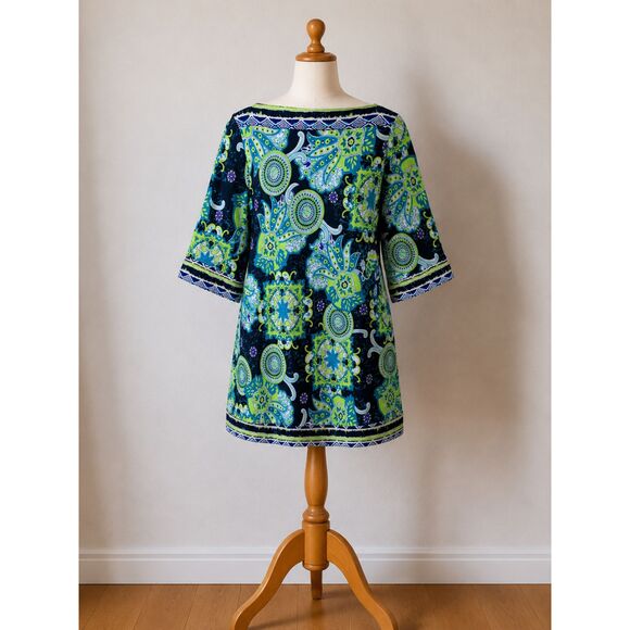 Cato Dresses & Skirts - Cato Large Paisley Shift Dress Blue Green Boho 3/4 Sleeve Tunic Mini Dress